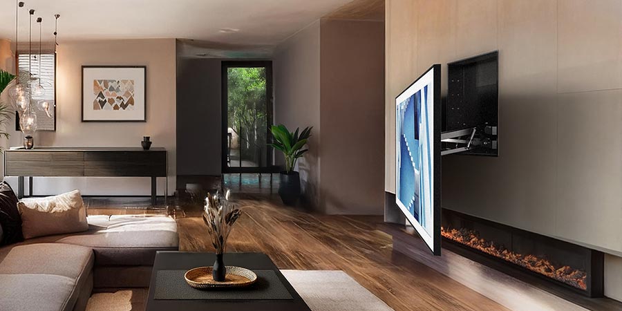 TV extending from a wall mount in a contemporary living space