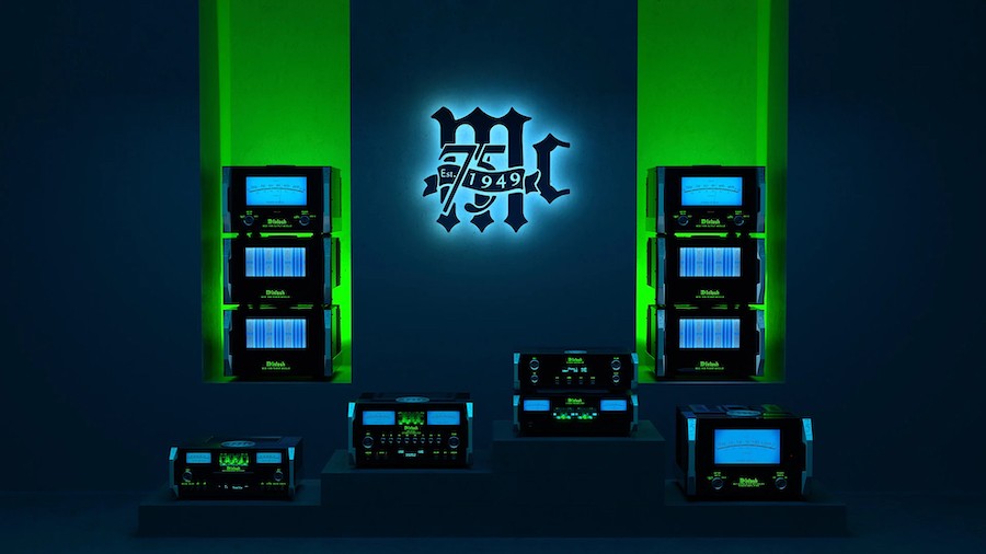 McIntosh Audio components glowing with iconic blue lights, showcasing the brand's heritage.