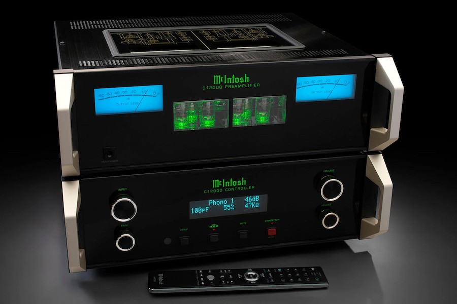 McIntosh C12000 preamplifier and controller units showcasing their iconic blue meters and green glow in Park City, UT.