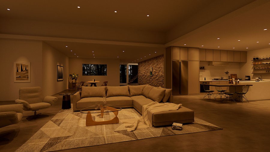 A luxurious modern living area in Bountiful with warmly dimmed architectural lighting. 