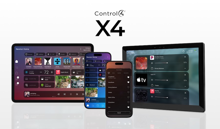 Several screenshots showing the new Control4 X4 interface on tablets and smartphones.