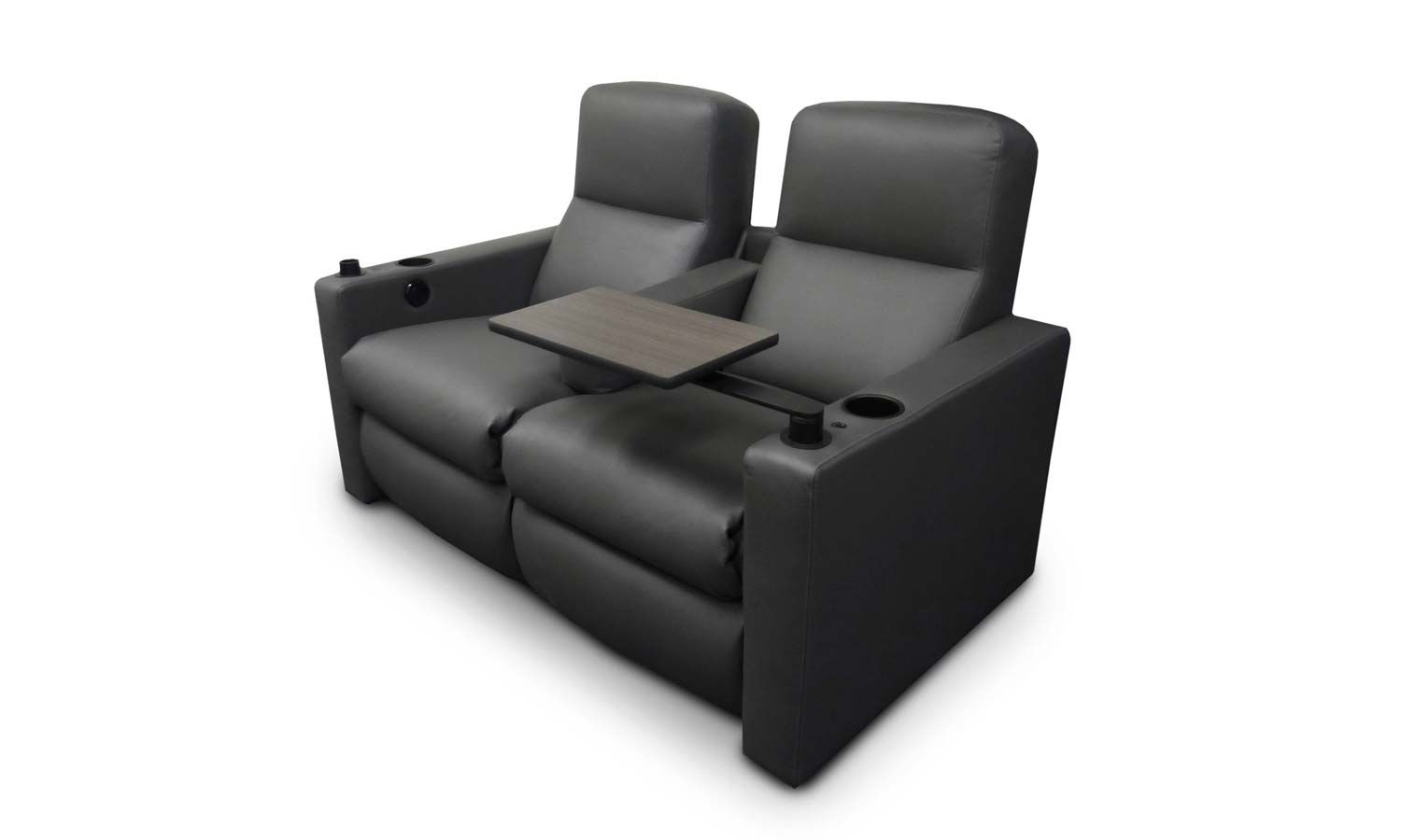 black reclining couches with wooden tray tables