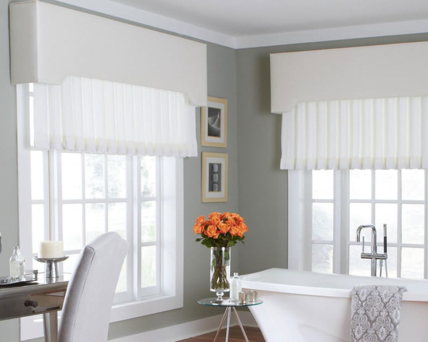 white drapes over a window in a restroom