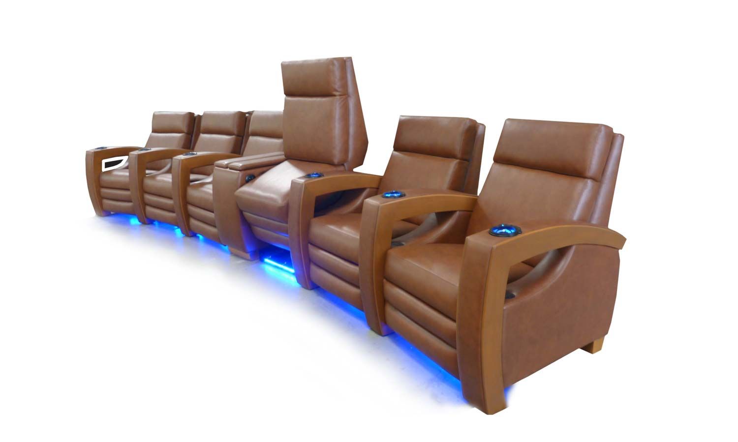 brown leather couch with blue LED lighting and cupholders